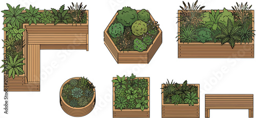 Flat design urban garden planters and seating arrangement with lush greenery vector illustration