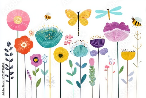 Whimsical garden with flowers butterflies and bees isolated on white background