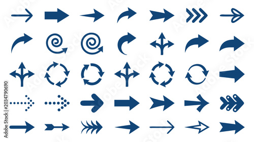 Collection of Blue Vector Arrows and Directional Icons in Flat Design Style