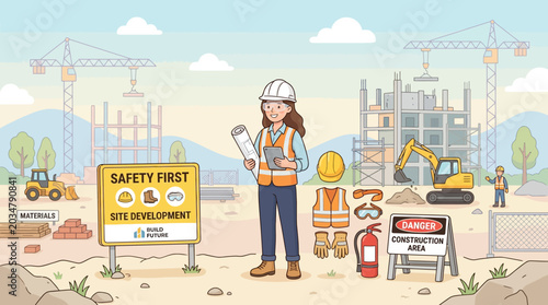 Construction Site Safety: Engineer with Blueprints & Equipment Illustration