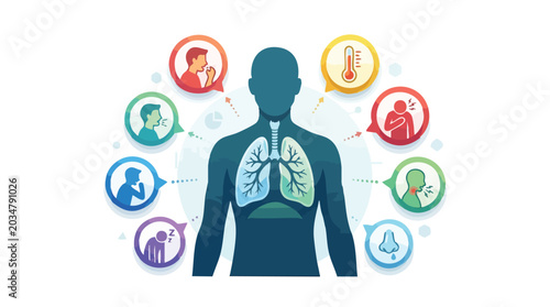Hantavirus symptoms infographic vector showing human body with lungs and icons of people affected by the virus