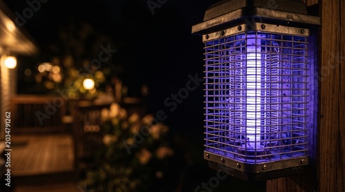 Electric bug zapper with its violet UV glow, summer night porch