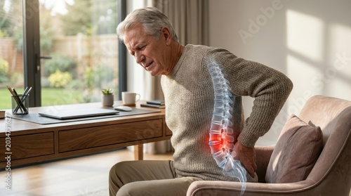 Aged man feel: spinal disorder, orthopedic aspect, neurological aspect, nerve compress, chronic back, degenerative disc, acute pain, lumbar discomfort.