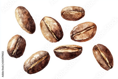 Artistic watercolor painting of fresh roasted coffee beans scattered on a clean white surface for food and beverage themes