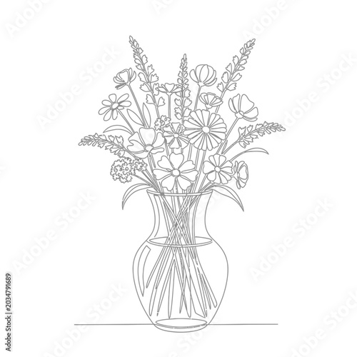 Delicate floral bouquet in glass vase, minimalistic line art drawing.