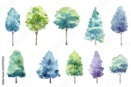 Collection of ten delicate watercolor trees in various shapes and soft colors for nature designs white background