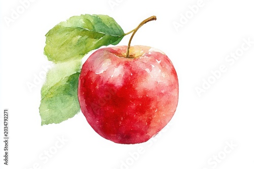 Vibrant watercolor painting of a shiny red apple with fresh green leaves isolated on white white background