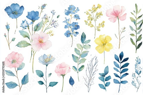 Delicate watercolor floral collection soft pastels delicate blooms and botanical elements for elegant designs white background