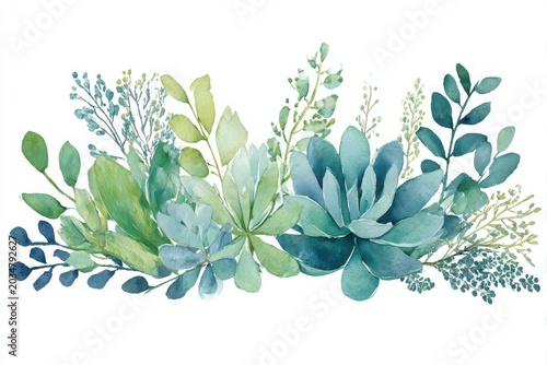 Soft watercolor succulent plant arrangement with delicate greenery and floral accents white background