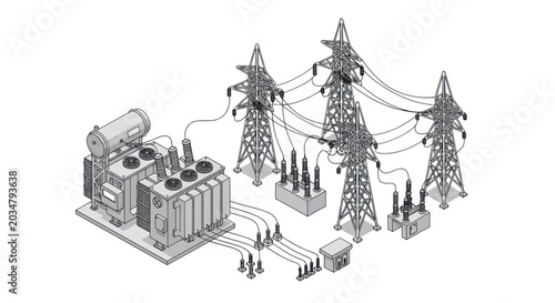 Electrical substation with transformer, power lines, and pylons on white background