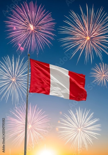 Peruvian flag waving with colorful fireworks exploding in the sky at sunset