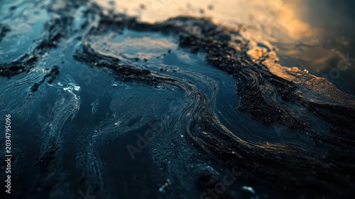 Darkly Polluted Waterway with Swirling Textures Reflecting Natural Light
