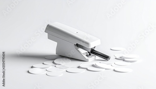White hole punch device with round white paper circles scattered on a clean white background