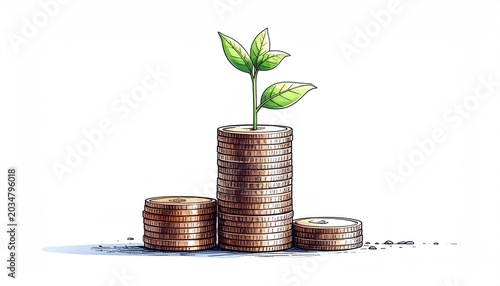 Illustration of stacked coins with a growing green plant symbolizing financial growth and investment
