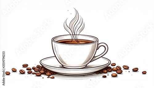 Steaming cup of hot coffee with roasted coffee beans scattered around illustration style