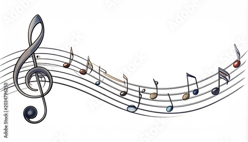 Musical notes and treble clef on a flowing musical staff illustration style