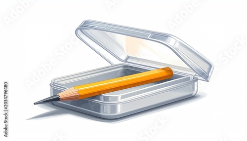 Yellow pencil with graphite tip inside an open clear plastic box on a plain white background
