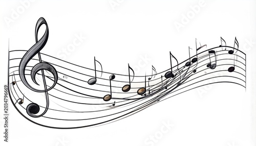 Elegant treble clef and musical notes on a flowing staff black ink illustration on white background