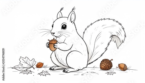 Adorable white squirrel holding an acorn surrounded by autumn leaves and pinecones illustration