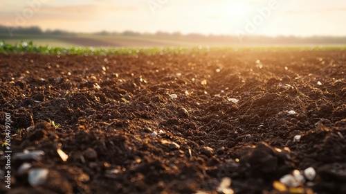 Plowed Agricultural Field Under Sunlight Shows Soil Texture With Visible Microplastic Debris, Indicating Environmental Contamination.