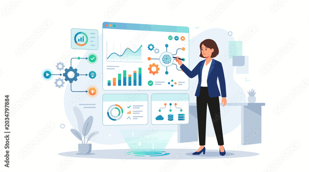Naklejka premium Modern AI dashboard vector illustration with futuristic interface and data visualization elements for analytics and insights.