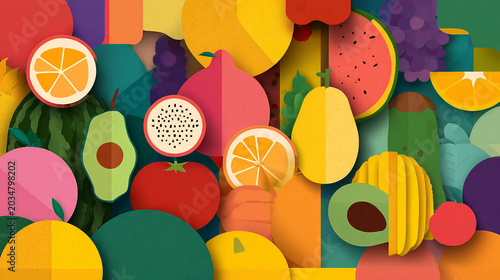 Modern Abstract Geometric Fruit Pattern Illustration with Bright Layered Shapes.