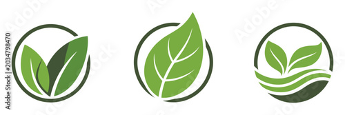 Valokuva Eco icons featuring green plant in a circle with organic, natural, and bio symbols