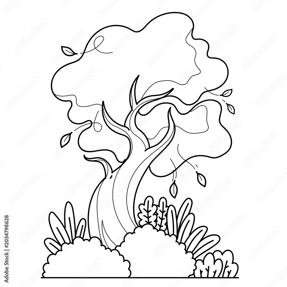 Fototapeta premium Tree Coloring Page and Colored Forest Asset