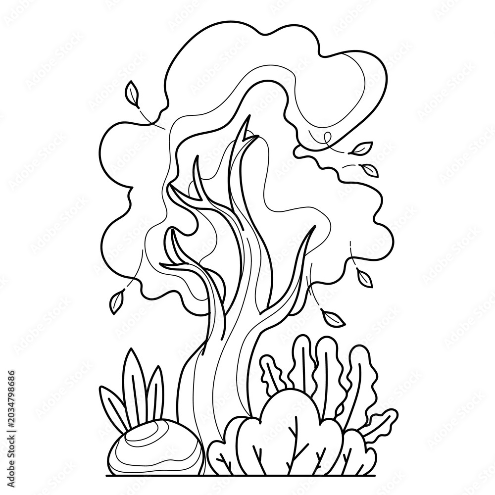 Fototapeta premium Tree Coloring Page and Colored Forest Asset