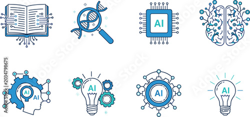 Obraz na płótnie Artificial intelligence and machine learning line color icon set featuring digit