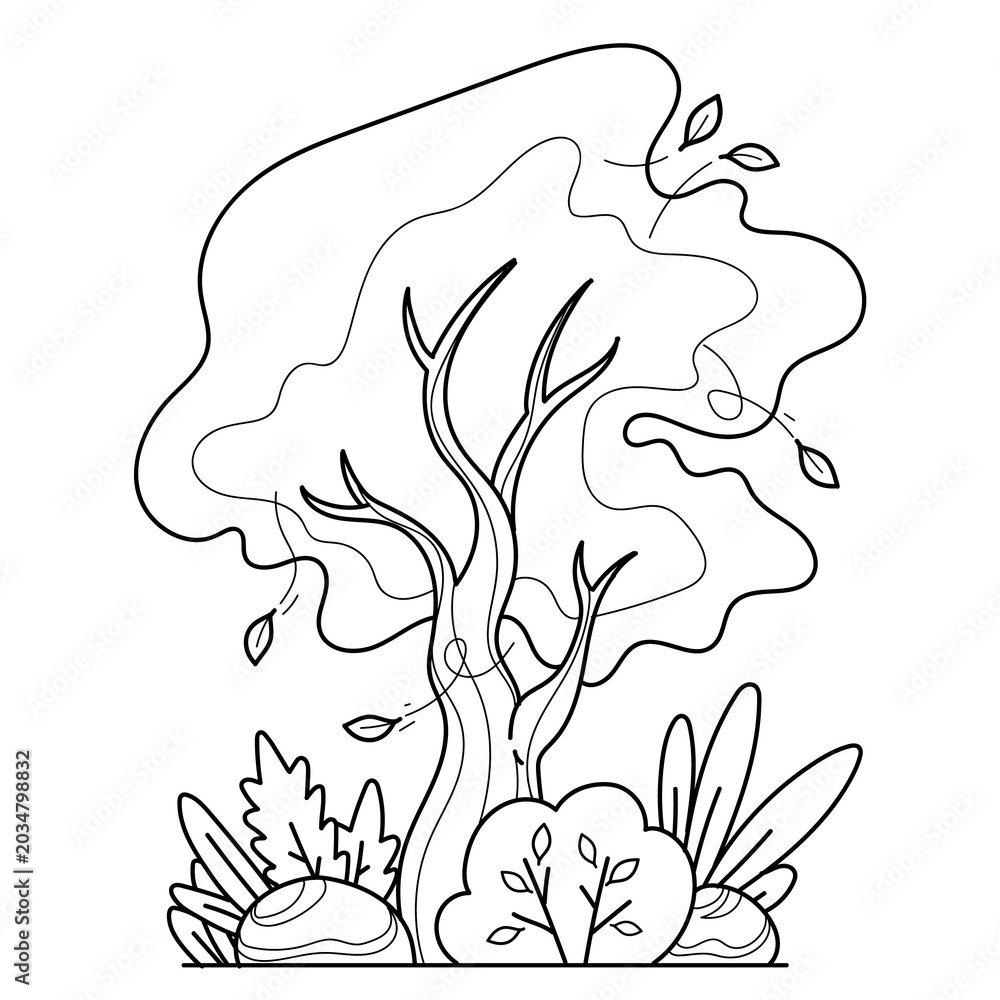Fototapeta premium Tree Coloring Page and Colored Forest Asset