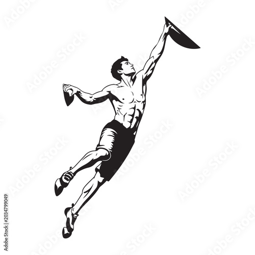Photos Black and white vector illustration of a muscular male rock climber leaping for