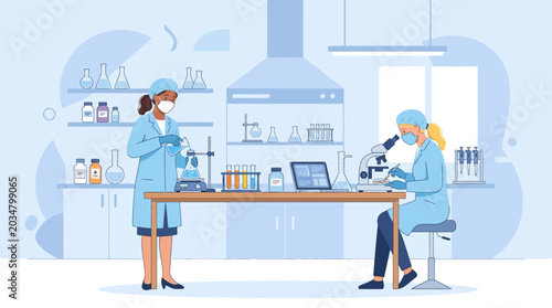 Medical researchers working in modern clinical laboratory, science illustration