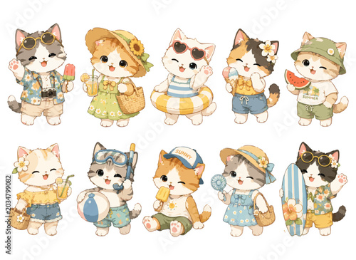 Canvastavla Summer Vacation Cats Cute Kawaii Character Set