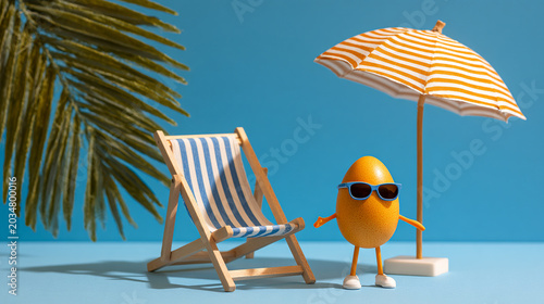 Funny Egg Character with Sunglasses on a Miniature Beach with Umbrella and Deck Chair.