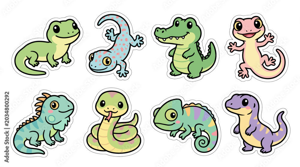 Naklejka premium Cute Baby Reptiles Cute Cartoon Sticker Vector Set