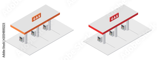 Isometric gas station building vectors with orange and red service stations