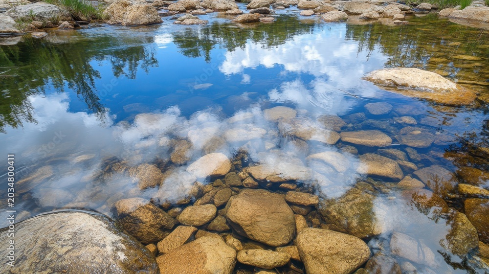 Obraz premium Serene Mountain Lake Reflections Showcasing Blue Sky and White Clouds Over Rocky Bottom