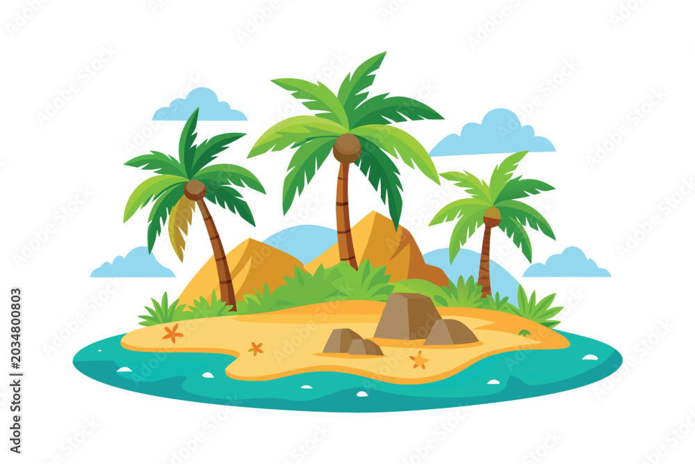 Fototapeta premium Tropical beach landscape with bungalow and palm trees vector illustration