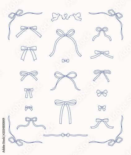 A collection of various ribbon patterns drawn with thin lines.