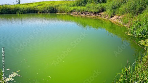 Vibrant green algae bloom covering the surface of a tranquil rural pond with lush vegetation on the bank under overcast skies