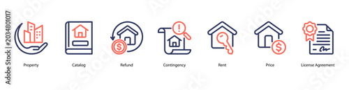 Photos Property Agreement web banner icon vector illustration featuring Property, Catalog, Refund, Contingency, Rent, Price, and License Agreement