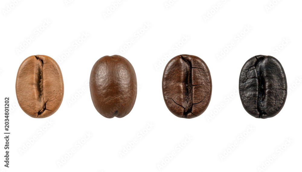 Obraz premium Four Coffee Beans Showing Different Roast Levels