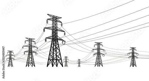 Cuadro en lienzo A line of electrical transmission towers with power lines on white background