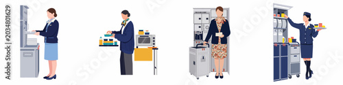 Foto Set of illustrations depicting flight attendants working in the aircraft galley, preparing meals and drinks for passengers