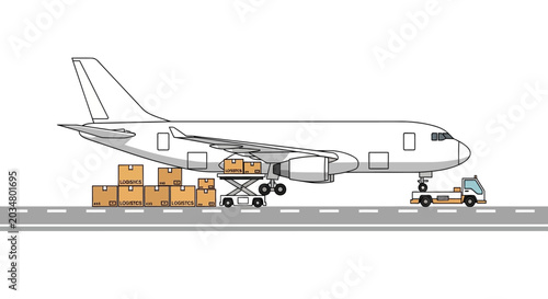 Vector illustration of a cargo plane loading boxes for air freight delivery on a runway.