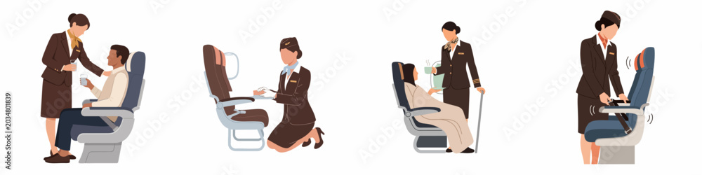 Fototapeta premium Collection of flat vector illustrations featuring professional flight attendants providing various services and ensuring passenger safety on a commercial airplane.