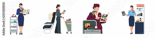Valokuva Flat vector illustrations of flight attendants promoting duty-free shopping with catalogs, trolleys, and merchandise for travel and aviation themes