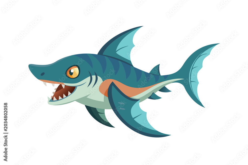 Fototapeta premium Angry shark cartoon character with sharp teeth vector illustration isolated on white background.