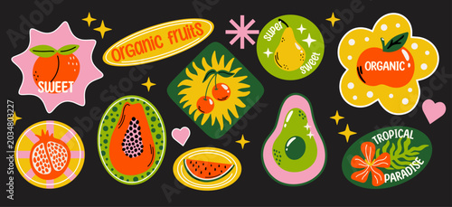 Tropical summer fruits vector sticker set with cartoon retro groovy funky colorful illustration of different healthy food labels, badges, paper tags for grocery packaging aesthetic